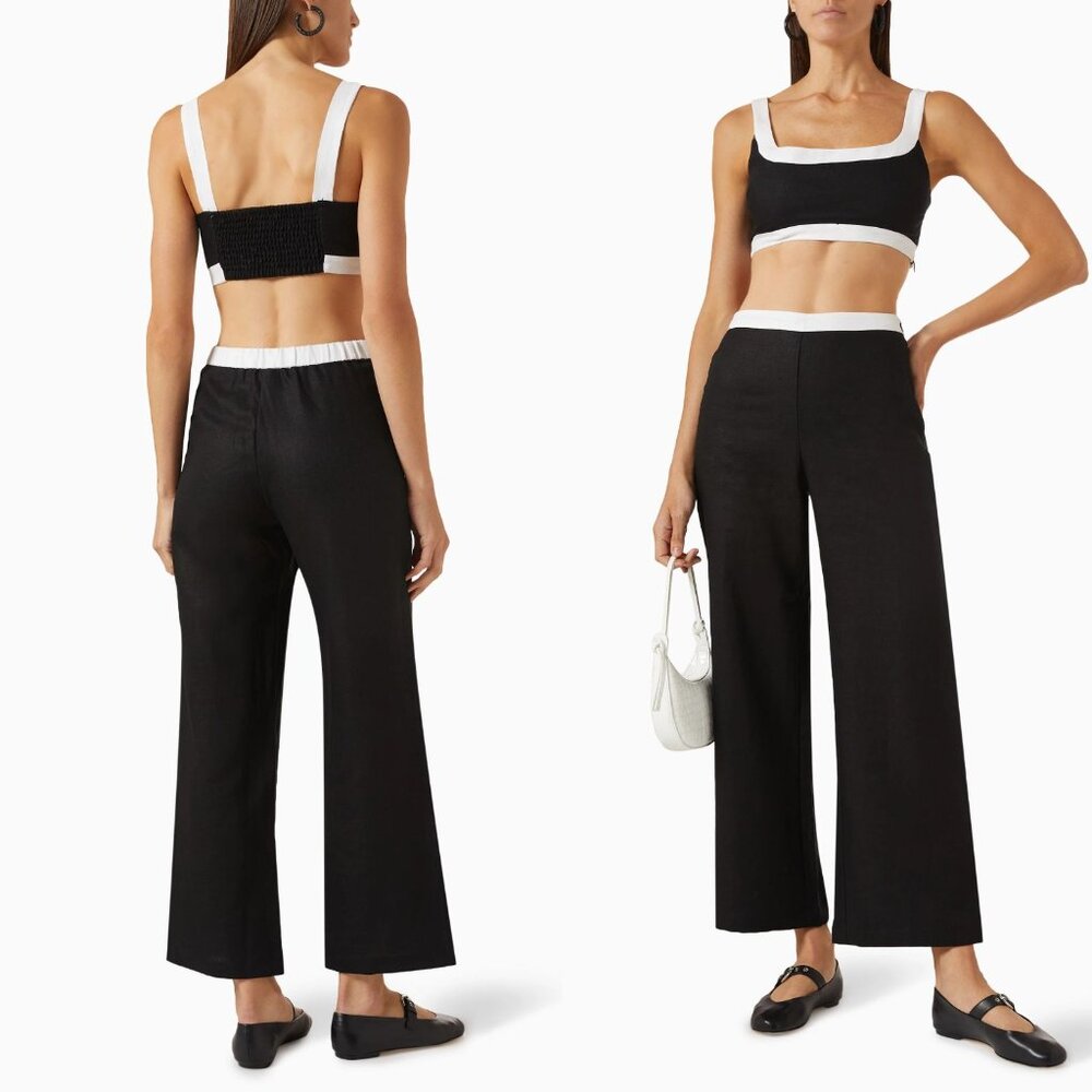 Reformation Alma‎ Set Black White Linen Two Piece Crop Top High Waisted Pants 8 - Picture 11 of 12